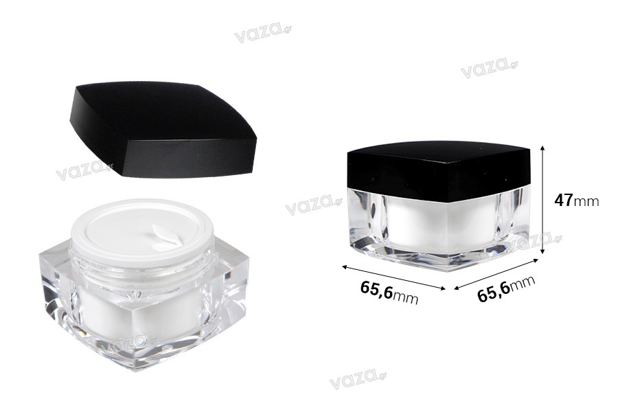 Elegant square cream jar - 50 ml - with black cap and seal liner in the cap and on the jar
