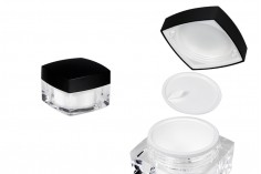 Pot carré de luxe pour crème de 50ml en acrylique avec couvercle noir, avec joint intérieur sur le couvercle et plastique sur le pot