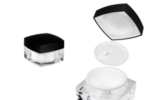 Pot carré de luxe pour crème de 50ml en acrylique avec couvercle noir, avec joint intérieur sur le couvercle et plastique sur le pot