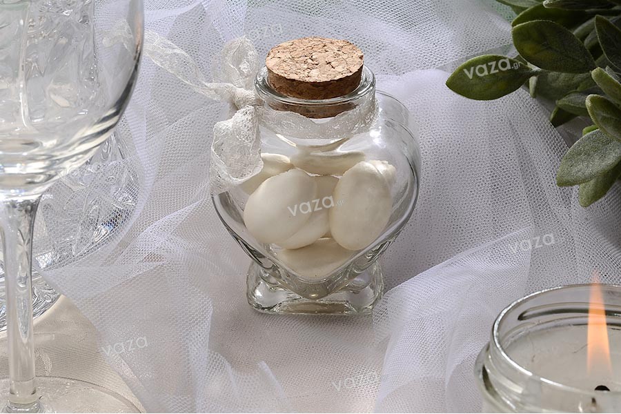 Bomboniera-barattolo 75 ml in vetro con tappo in sughero a forma di cuore  per matrimonio e battesimo