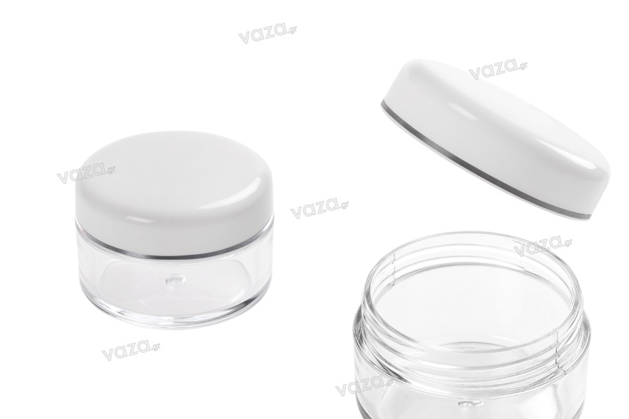 Acrylic 30ml transparent cosmetics jar with white cap, available in a package with 12 pieces