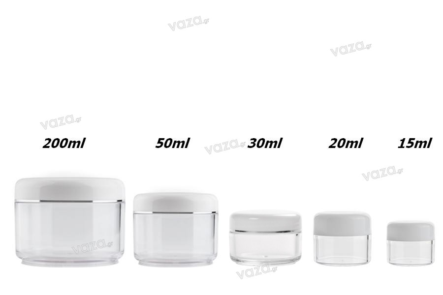 Acrylic 30ml transparent cosmetics jar with white cap, available in a package with 12 pieces