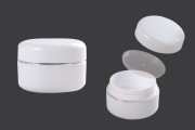 White 10ml double wall plastic cream jar with cap, sealing disc and silver stripe on the cap - available in a package with 12 pcs