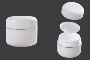 White 20ml double wall plastic cream jar with cap, sealing disc and silver stripe on the cap - available in a package with 12 pcs