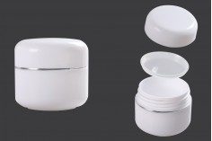 White 30ml double wall plastic cream jar with cap, sealing disc and silver stripe on the cap - available in a package with 12 pcs