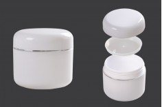 White 50ml double wall plastic cream jar with cap, sealing disc and silver stripe on the cap - available in a package with 12 pcs