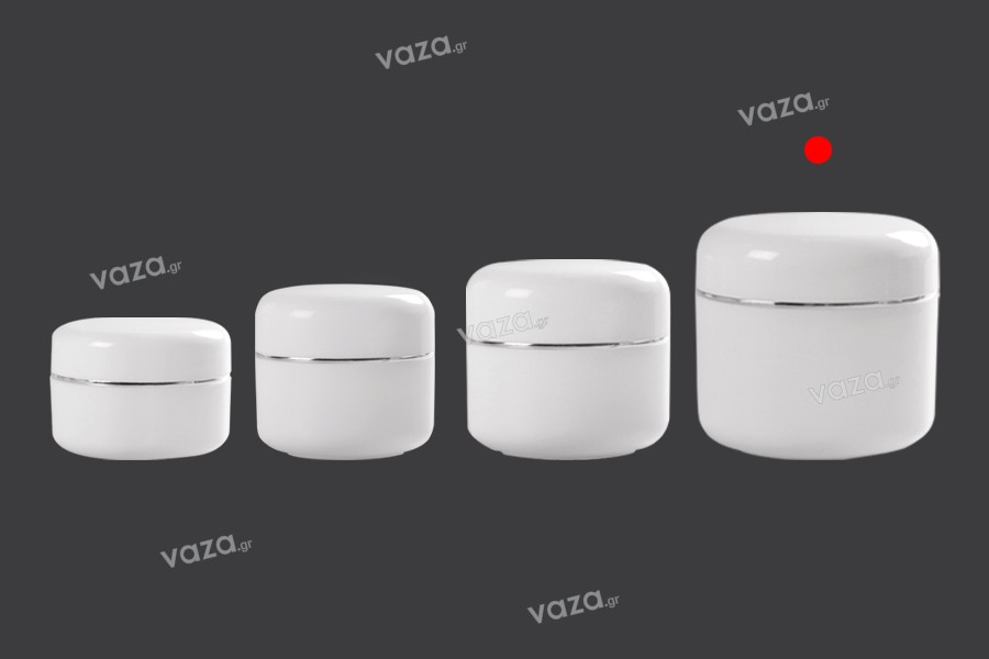 White 50ml double wall plastic cream jar with cap, sealing disc and silver stripe on the cap - available in a package with 12 pcs