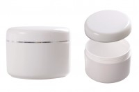 White 200ml double wall plastic cream jar with silver stripe on cap and EPE liner inserted in the cap - available in a package with 6 pcs