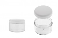 Acrylic 50 ml transparent cosmetics jar with white jar cap and a silver stripe