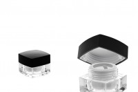 Pot carré de luxe pour crème de 5ml en acrylique avec couvercle noir, avec joint intérieur sur le couvercle et plastique sur le pot