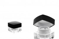 Luxury 5ml acrylic square cream jar with black cap with inner lid and a plastic sealing disc on the jar. 