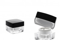 Luxury 10ml acrylic square cream jar with black cap with inner lid and a plastic sealing disc on the jar.