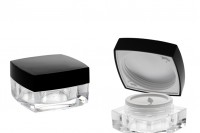 Luxury 15ml acrylic square cream jar with black cap with inner lid and a plastic sealing disc on the jar.