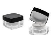 Luxury 30ml acrylic square cream jar with black cap with inner lid and a plastic sealing disc on the jar.