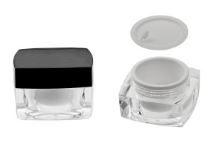 Pot carré de luxe pour crème de 30ml en acrylique avec couvercle noir, avec joint intérieur sur le couvercle et plastique sur le pot-3