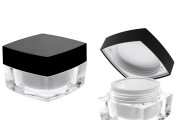 Luxury 50ml acrylic square cream jar with black cap with inner lid and a plastic sealing disc on the jar.