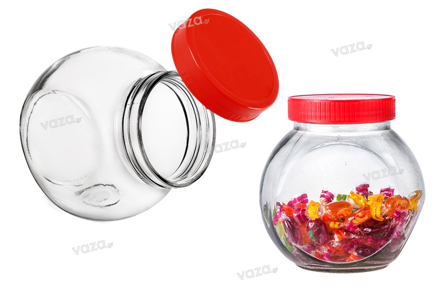 Bocal en verre de 1400ml pour épices ou bonbons avec couvercle rouge