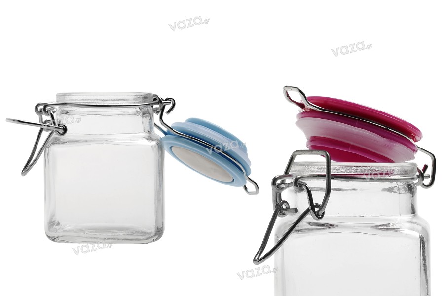 100 ml glass jar, square 76x53 mm with airtight closure (wire and rubber on the lid)