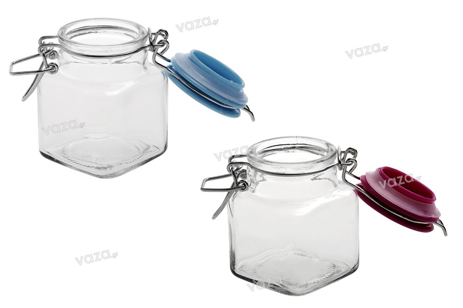 100 ml Glas, quadratisch 76x53 mm mit luftdichtem Verschluss (Draht und Gummi auf dem Deckel)