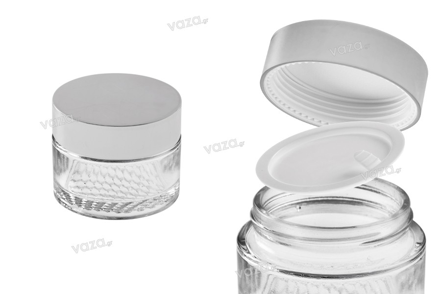 Flacon de sticlă de 50 ml pentru 50 ml cremă cu capac din aluminiu din argint, capac intern pe capac și plastic din recipient