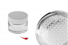 Flacon de sticlă de 50 ml pentru 50 ml cremă cu capac din aluminiu din argint, capac intern pe capac și plastic din recipient