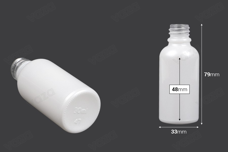 Flacon en verre pour huiles essentielles de 30 ml blanc nacré avec bouche PP18 Flacon en verre pour huiles essentielles de 30 ml blanc nacré avec bouche PP18-photo_dimensions