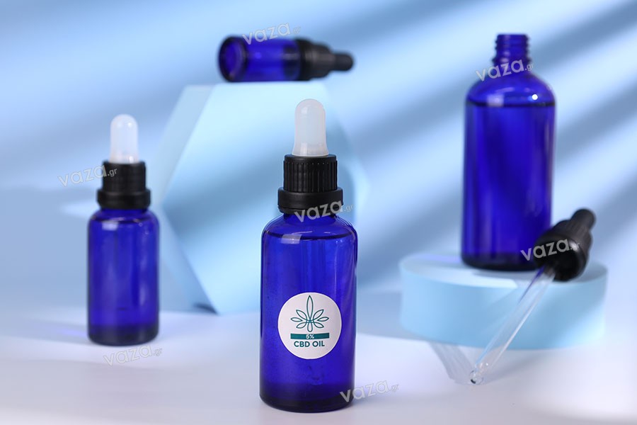 Γυάλινο μπουκαλάκι για αιθέρια έλαια 30 ml μπλε με στόμιο PP18