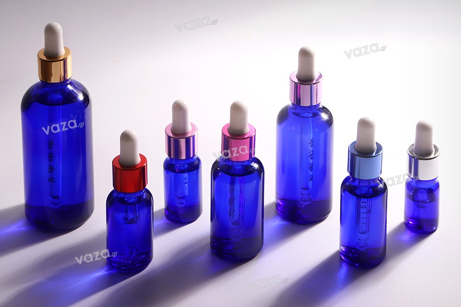 Γυάλινο μπουκαλάκι για αιθέρια έλαια 30 ml μπλε με στόμιο PP18