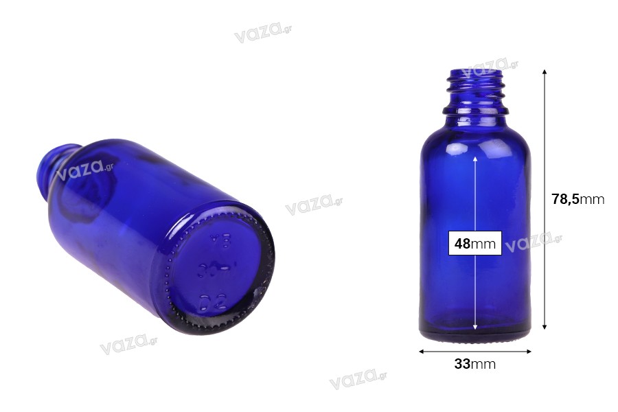 Γυάλινο μπουκαλάκι για αιθέρια έλαια 30 ml μπλε με στόμιο PP18