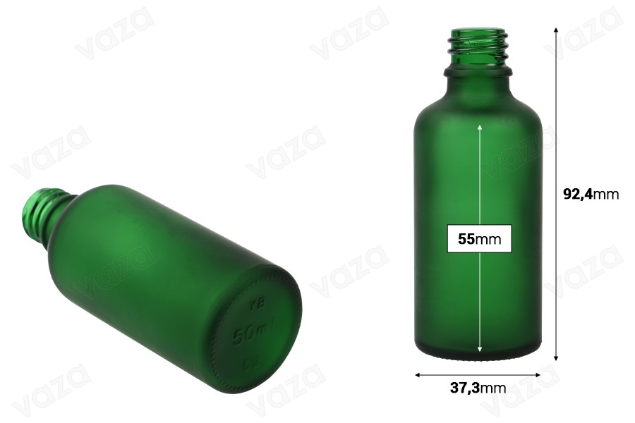 Γυάλινο μπουκαλάκι για αιθέρια έλαια 50 ml πράσινο αμμοβολής με στόμιο PP18-εικόνα_διαστάσεις