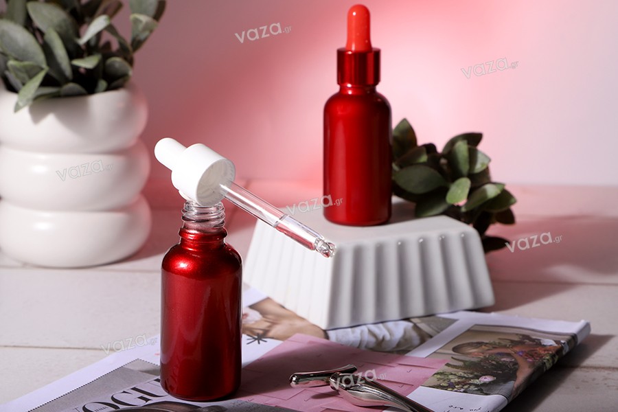 Γυάλινο μπουκαλάκι για αιθέρια έλαια 30 ml κόκκινο γυαλιστερό με στόμιο PP18