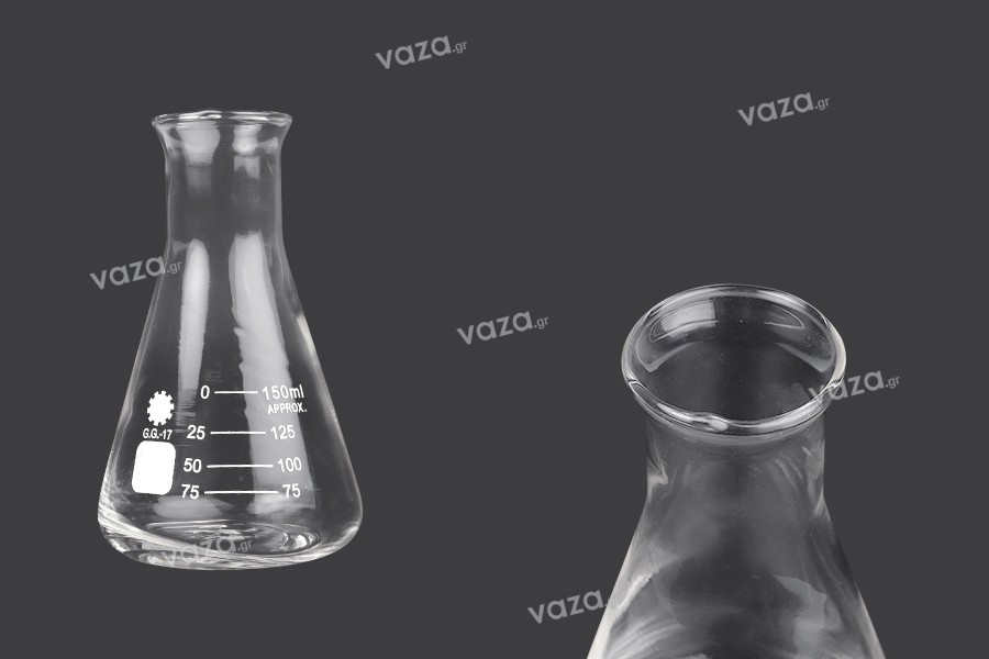 Γυάλινη κωνική φιάλη (Erlenmeyer) 150 ml με ενδείξεις ογκομέτρησης