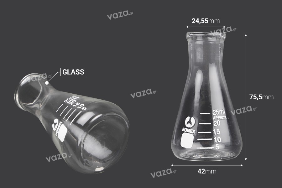 Flacon conique en verre (Erlenmeyer) de 25 ml avec indications volumétriques
