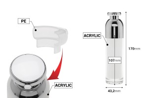 Μπουκαλάκι πολυτελείας 100 ml ακρυλικό (διάφανο εξωτερικά και λευκό εσωτερικά) με αντλία κρέμας και προστατευτικό καπάκι-εικόνα_διαστάσεις