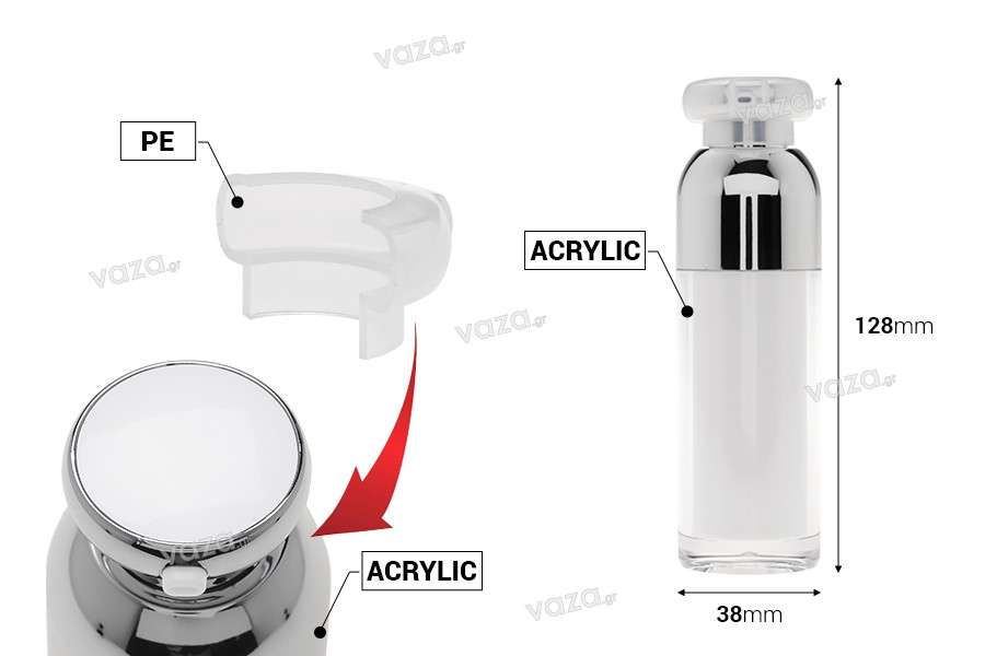Μπουκαλάκι πολυτελείας 30 ml airless ακρυλικό (διάφανο εξωτερικά και λευκό εσωτερικά) με αντλία κρέμας και προστατευτικό καπάκι