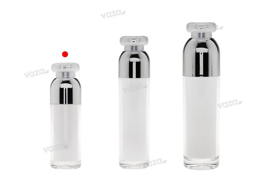 Μπουκαλάκι πολυτελείας 30 ml airless ακρυλικό (διάφανο εξωτερικά και λευκό εσωτερικά) με αντλία κρέμας και προστατευτικό καπάκι