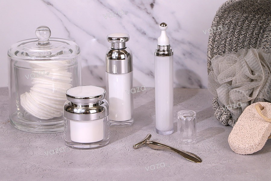 Μπουκαλάκι πολυτελείας 50 ml airless ακρυλικό (διάφανο εξωτερικά και λευκό εσωτερικά) με αντλία κρέμας και προστατευτικό καπάκι