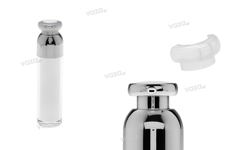Μπουκαλάκι πολυτελείας 50 ml airless ακρυλικό (διάφανο εξωτερικά και λευκό εσωτερικά) με αντλία κρέμας και προστατευτικό καπάκι