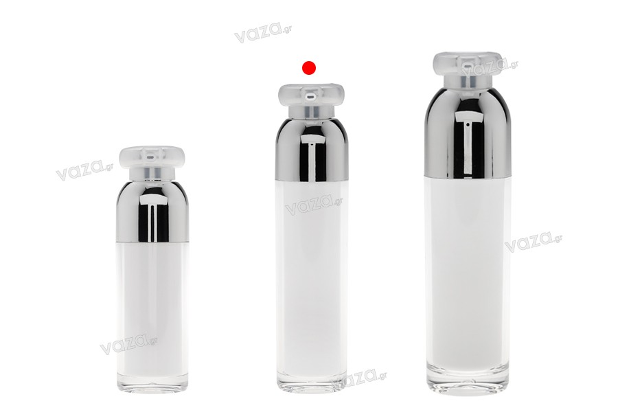 Μπουκαλάκι πολυτελείας 50 ml airless ακρυλικό (διάφανο εξωτερικά και λευκό εσωτερικά) με αντλία κρέμας και προστατευτικό καπάκι
