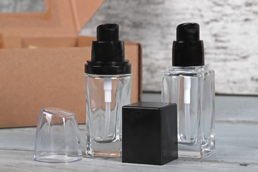 Flacone in vetro per crema da 30 ml con pompetta nera o rossa e tappo in plastica trasparente Flacone in vetro per crema da 30 ml con pompetta nera o rossa e tappo in plastica trasparente-εικόνα_σύνθεση