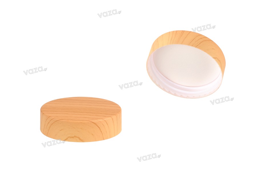 Plastic lid in wood design with inner liner for cream jars 30 ml