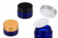 Vasetto in vetro da 20 ml blu con guarnizione interna e sottotappo.