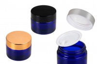 Petit pot en verre de 50ml bleu avec joint en plastique sur le pot et à l'intérieur du couvercle
