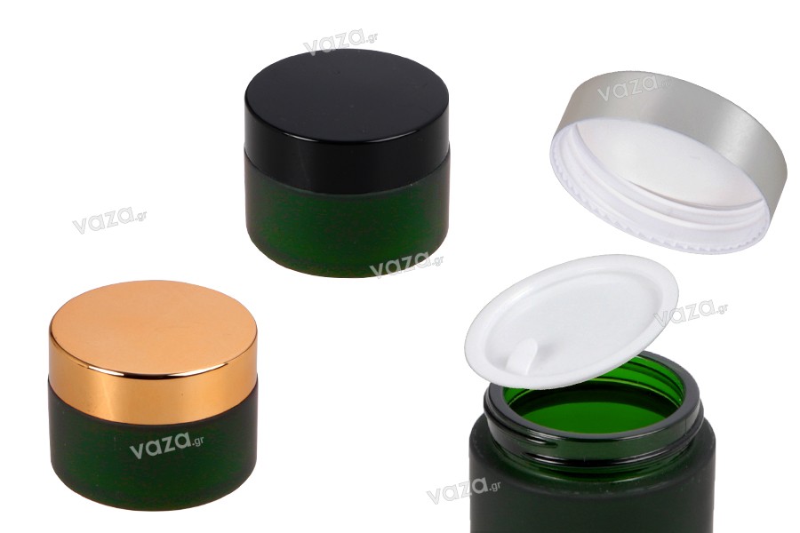 Green frosted 30ml glass jar with sealing disc and EPE liner inserted in the cap