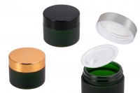 Green frosted 50ml glass jar with sealing disc and EPE liner inserted in the cap