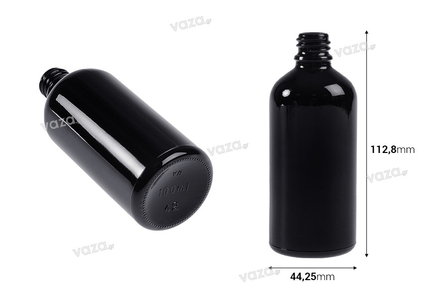 Black glass bottle for essential oils 100 ml with PP18 spout