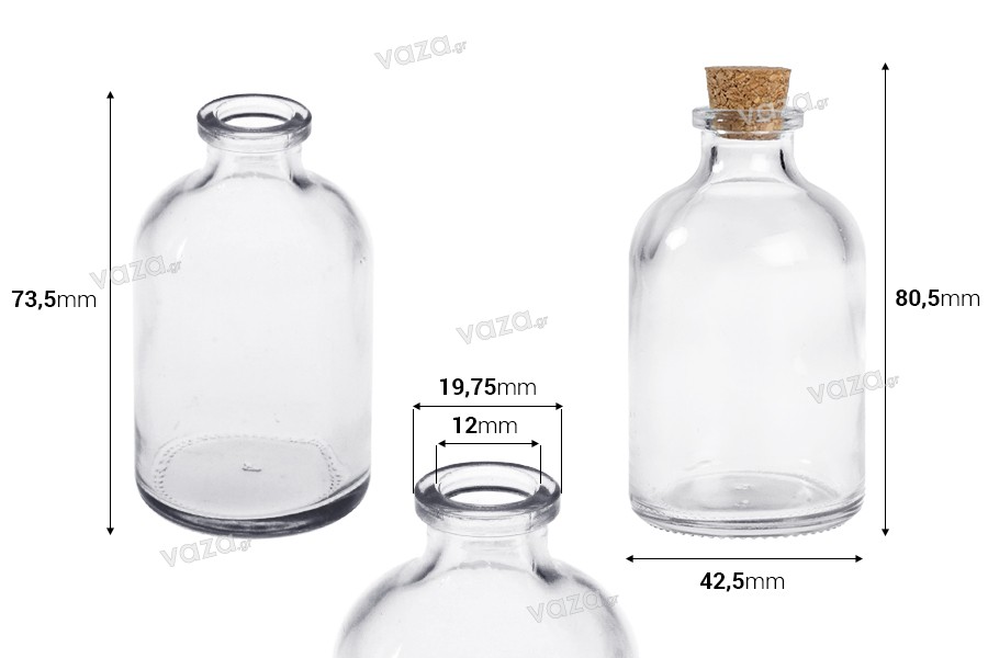 Flacon en verre 55 ml transparent avec bouchon conique naturel