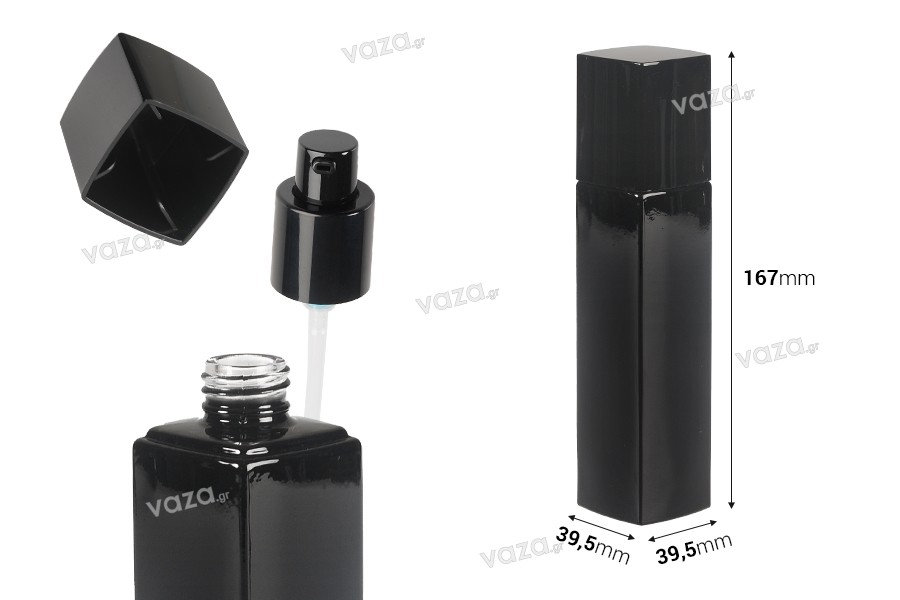 Γυάλινο μπουκάλι 100 ml πολυτελείας σε μαύρο χρώμα με αντλία κρέμας και καπάκι