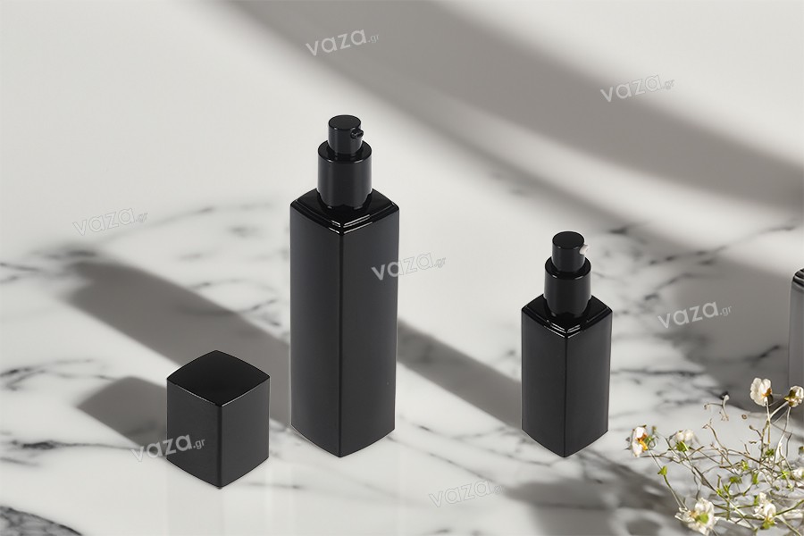 Γυάλινο μπουκάλι 100 ml πολυτελείας σε μαύρο χρώμα με αντλία κρέμας και καπάκι