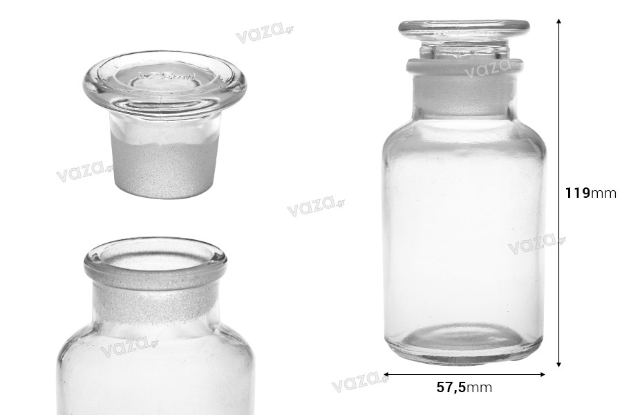 Pharmacy bottle 125 ml transparent with glass cap
